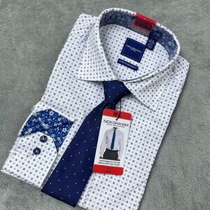 Nick Graham M/L Stretch Fit Dress Shirt & Tie Set White Print a1362